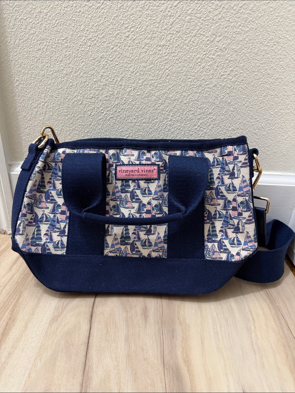 Vineyard Vines Navy & Pink Sailboat Canvas Crossbody Bag